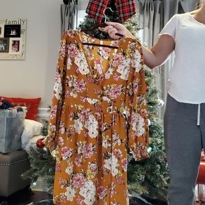 Floral mock wrap long sleeve dress